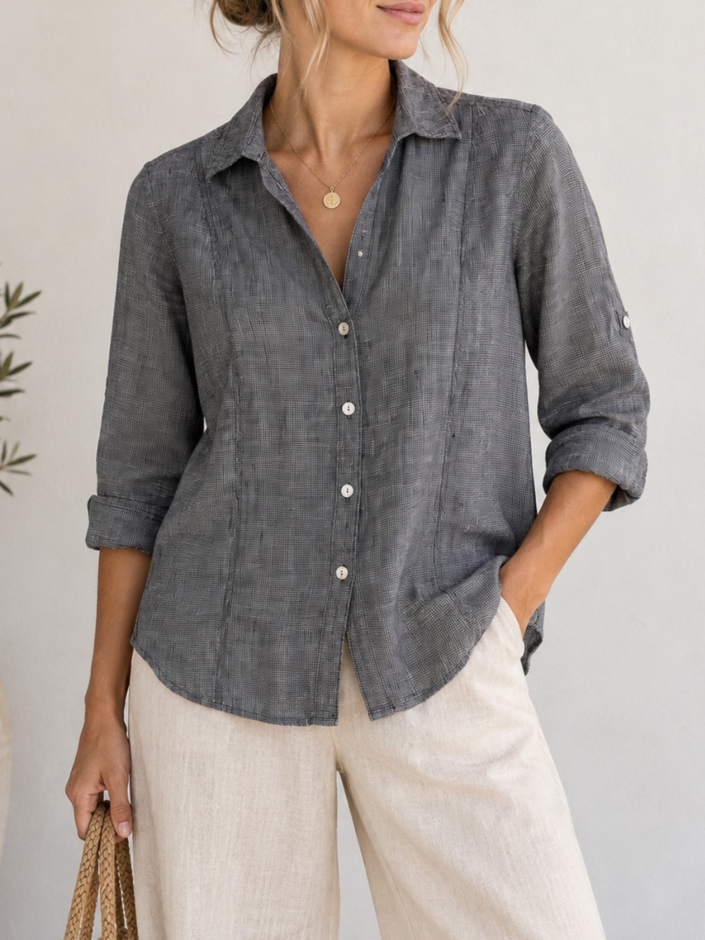 Fresh Produce Linen Gray Button-Front Women’s Shirt